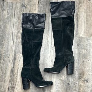 Sam Edelman Black Stacked Heel Over the Knee Suede and Leather Boots, size 8.5